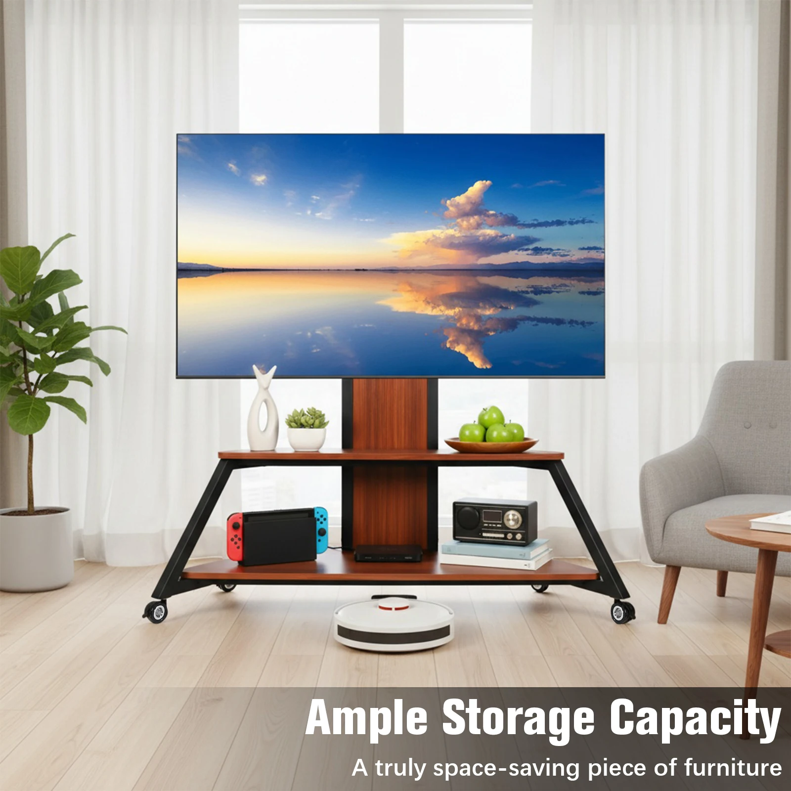 

Floor Trolley Stand for 60 To 100 Inch Screens Up To 220 Lbs with Shelf Portable Monitor Stand Height Adjustable Locking Wheels