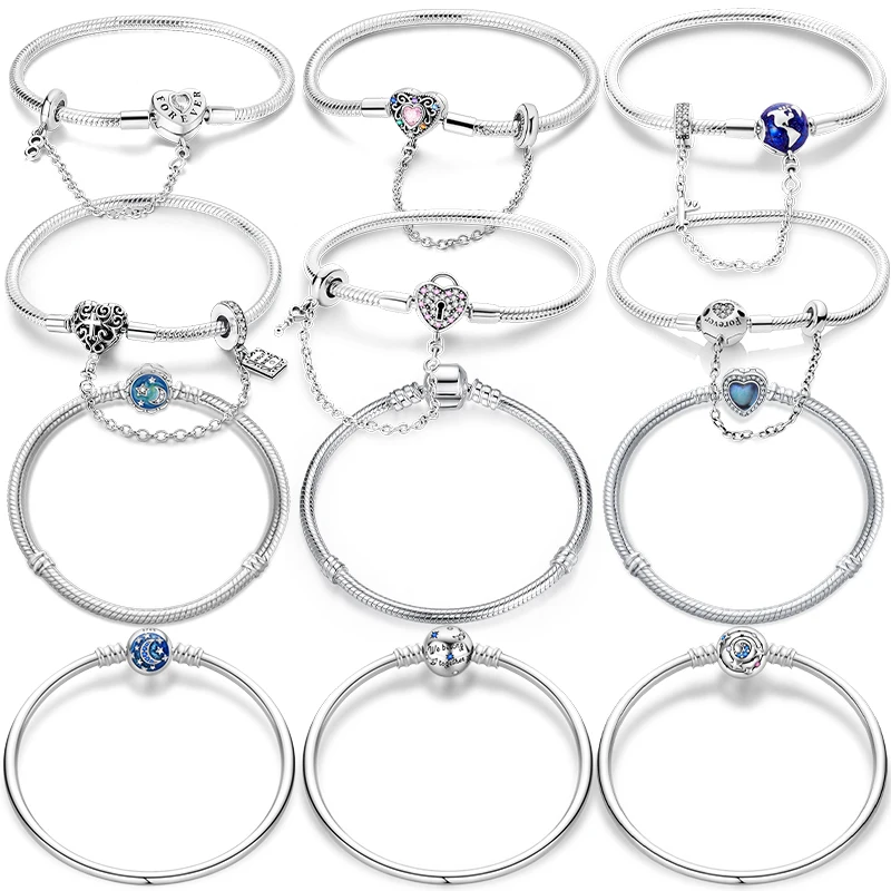 925 Sterling Silver Forever Love Peach Heart Bracelets Star Moon Airplane Earth Bracelets For Women Fit DIY Charms Party Jewelry