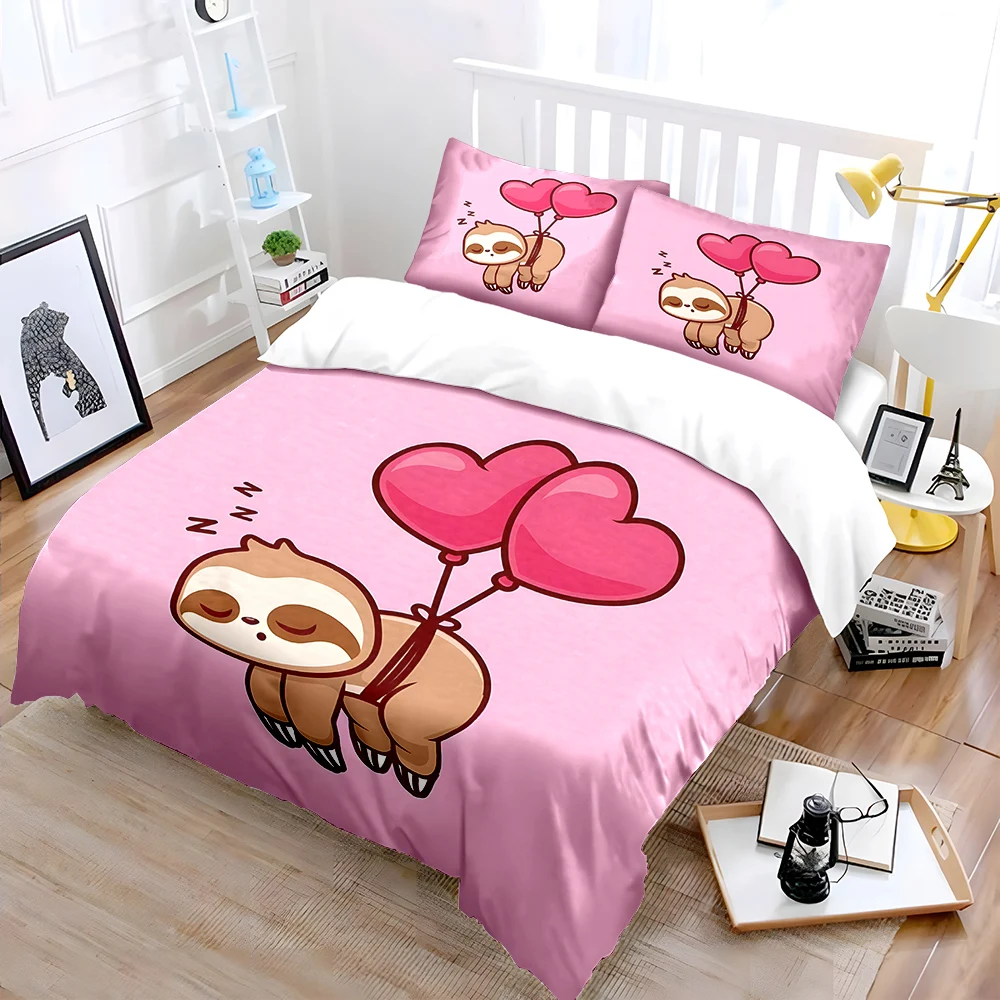 Cute sloth with heart-shaped balloons Print Bedding Set 1 Duvet Cover 2 Pillowcases for Adult and Children Luxury Gift Full Size