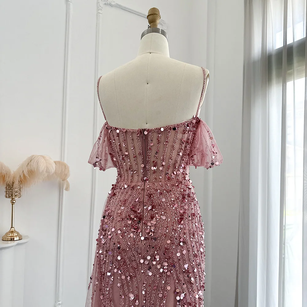 Sharon Said Luxury Dubai Pink Sirena Abiti da sera Matrimonio Cinghie per spaghetti Fessura Blu Abiti da cerimonia per feste SS356 Personalizzato