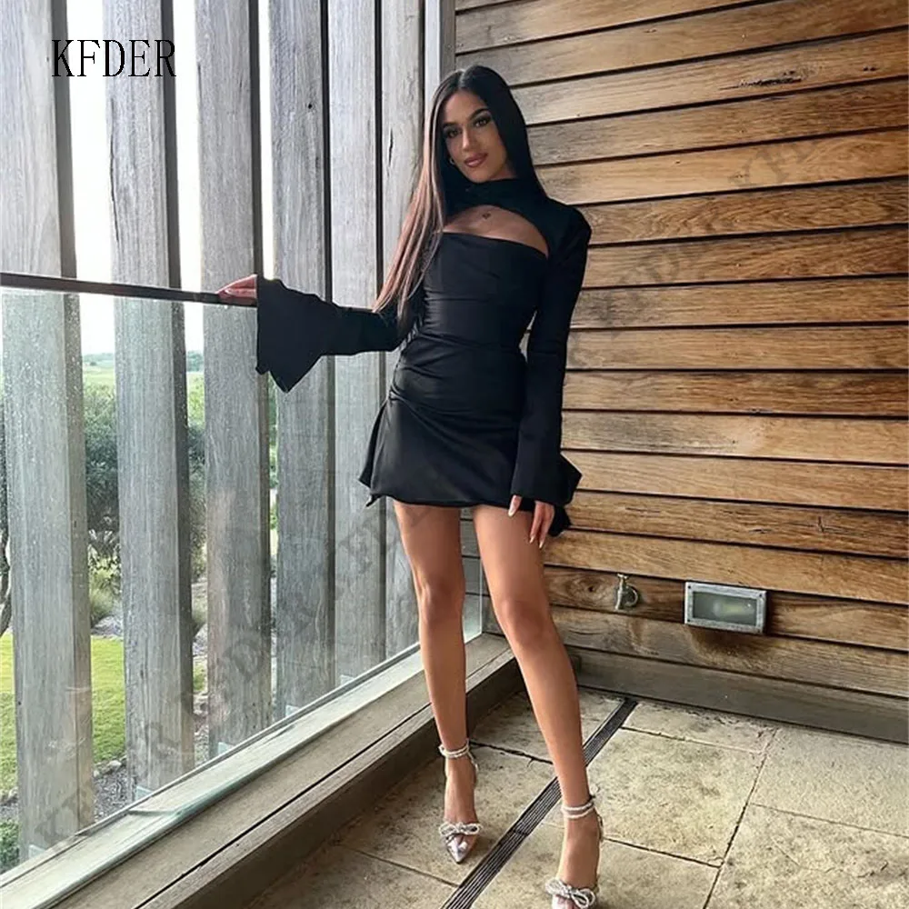 Casual Black Dresses for Night Party Woman Customized Mini Skirt Luxury Party Dress High Neck Full Sleeves Prom Gowns