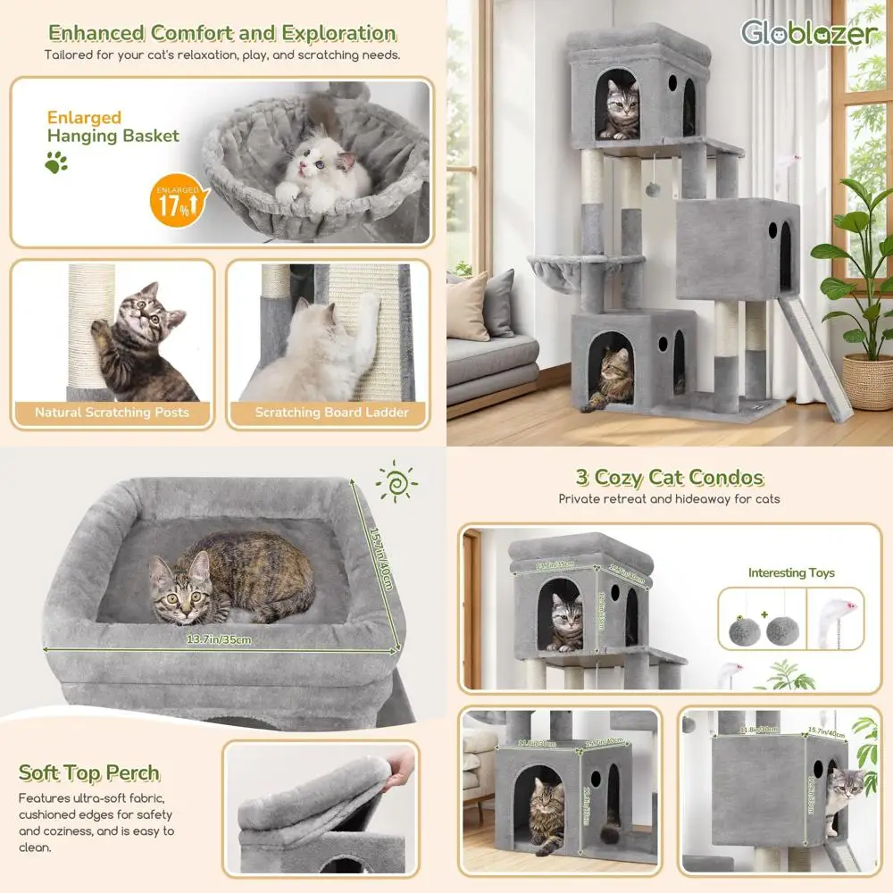 

52, сверхмощное кошачье дерево с 3 кондорами, плюшевой кроватью, когтеточками и корзиной для нескольких домашних кошек, светло-серый