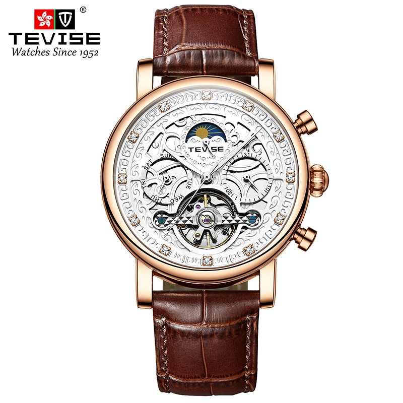 

Mechanical Watch Man TEVISE T867F Automatic Watch For Men Tourbillon Moon Phase Diamond Date Week Leather Waterproof Male Clock