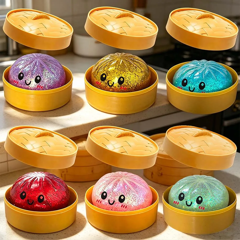 Bunte Dumpling-Squishies Stressbälle Fidget-Sensorikspielzeug Simulations-Lebensmittel-Squishies Brötchen mit Dampfgarer Quetsch-Teigball Geschenke