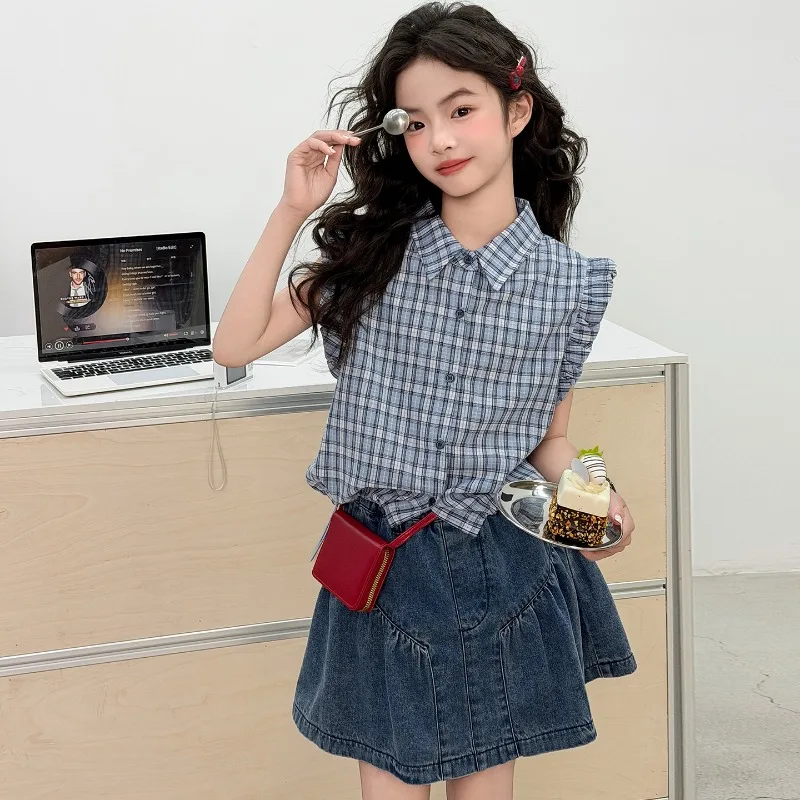 Girls Suit Summer 2026 Sweet Cute Plaid Sleeveless Shirt And Denim Short Skirt Two Piece Set Children's Clothing