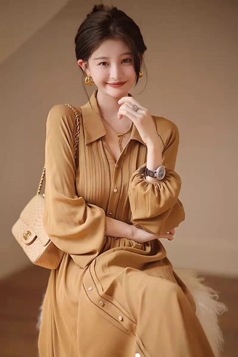 Ele cintura alta irt dr lanterna sve único beau outono chá break faion francês sle solto ajuste primavera casual