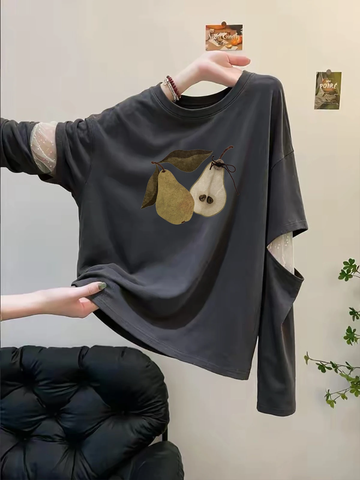 High-End Women's Long Sleeve T-Shirt Mesh Splicing Fake Two-Piece Autumn Fashion Versatile Beautiful Top Relaxing Style Creat...
