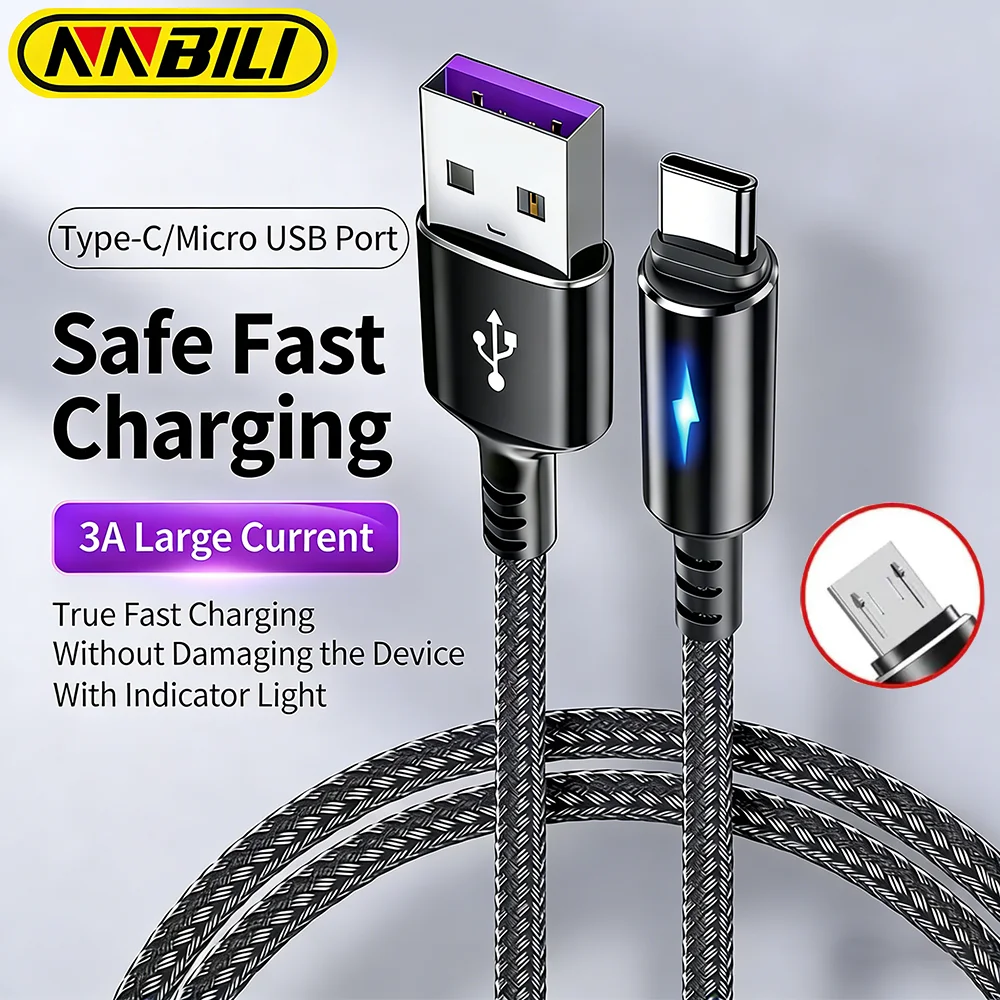 NNBILI 1.2m/2m Short USB Type C Cable 3A Data Micro USB Cable for Huawei Xiaomi Samsung Power Bank Fast Charging Data USBC cable
