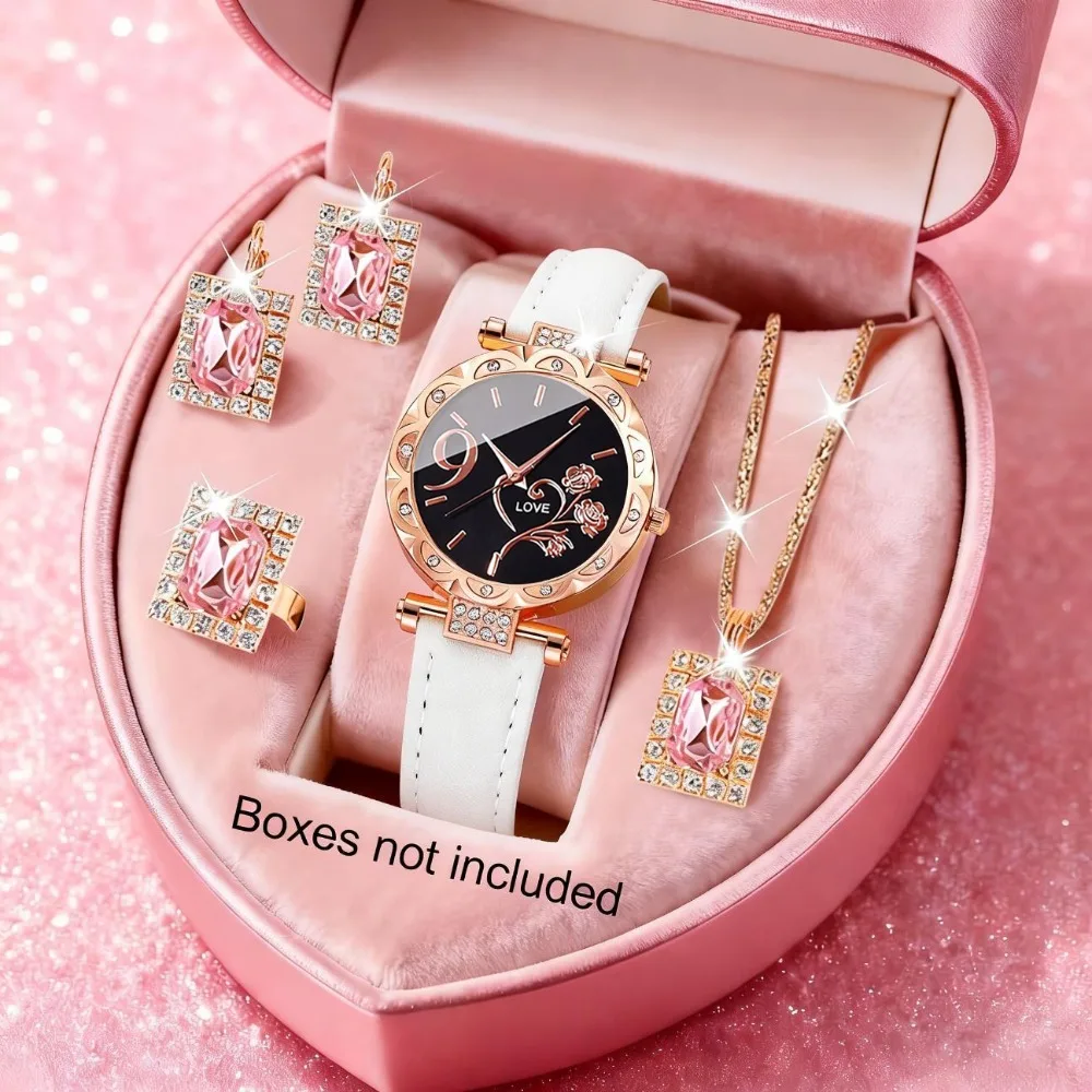 Set of 5 Women'S Stylish Elegant Faux Leather Strap Round Dial Quartz Watches with Rhinestone Jewelry, Women Gift
