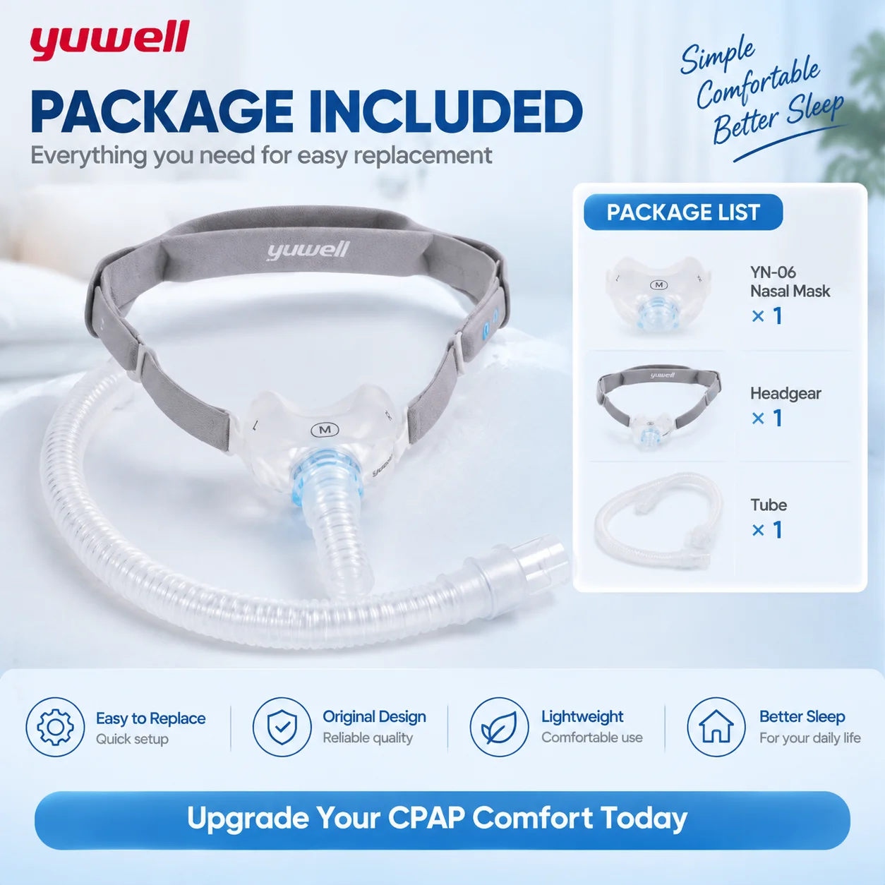 Yuwell YN-06 CPAP Nasal Mask Soft Silicone Cushion Sleep Apnea Mask Quiet Design 22mm Tube Comfortable Headgear Replacement
