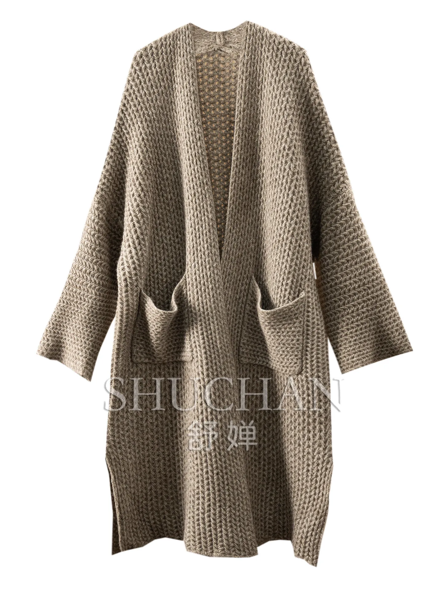 Thickened Rare 100% Yak Fleece Coarse Needle Sweater Medium and Long Shawl Cardigan Women's 82J4