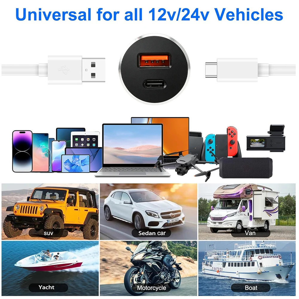 Car Mobile Phone Charger Aluminum Alloy Modified Car Charger Cigarette Lighter 12V/24V USB Outlet 30W PD Type-C & 18W QC3.0
