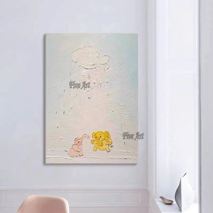 Cute Cartoon Elephant Handmade Oil Painting On Canvas Kids Room Wall Hanging Handmade Picture Wallpaper Home Decoration Unframed