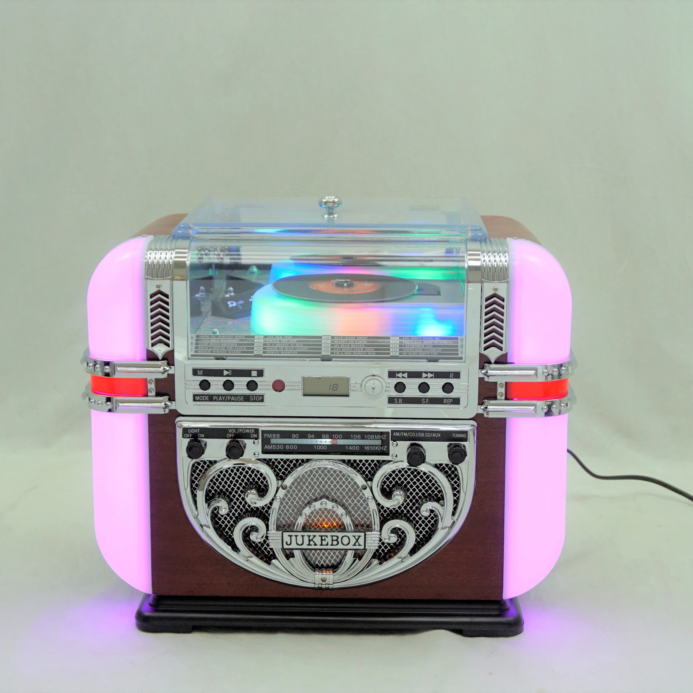 

The tabletop jukebox features a rounded rectangular design, allowing for customizable colors and lights