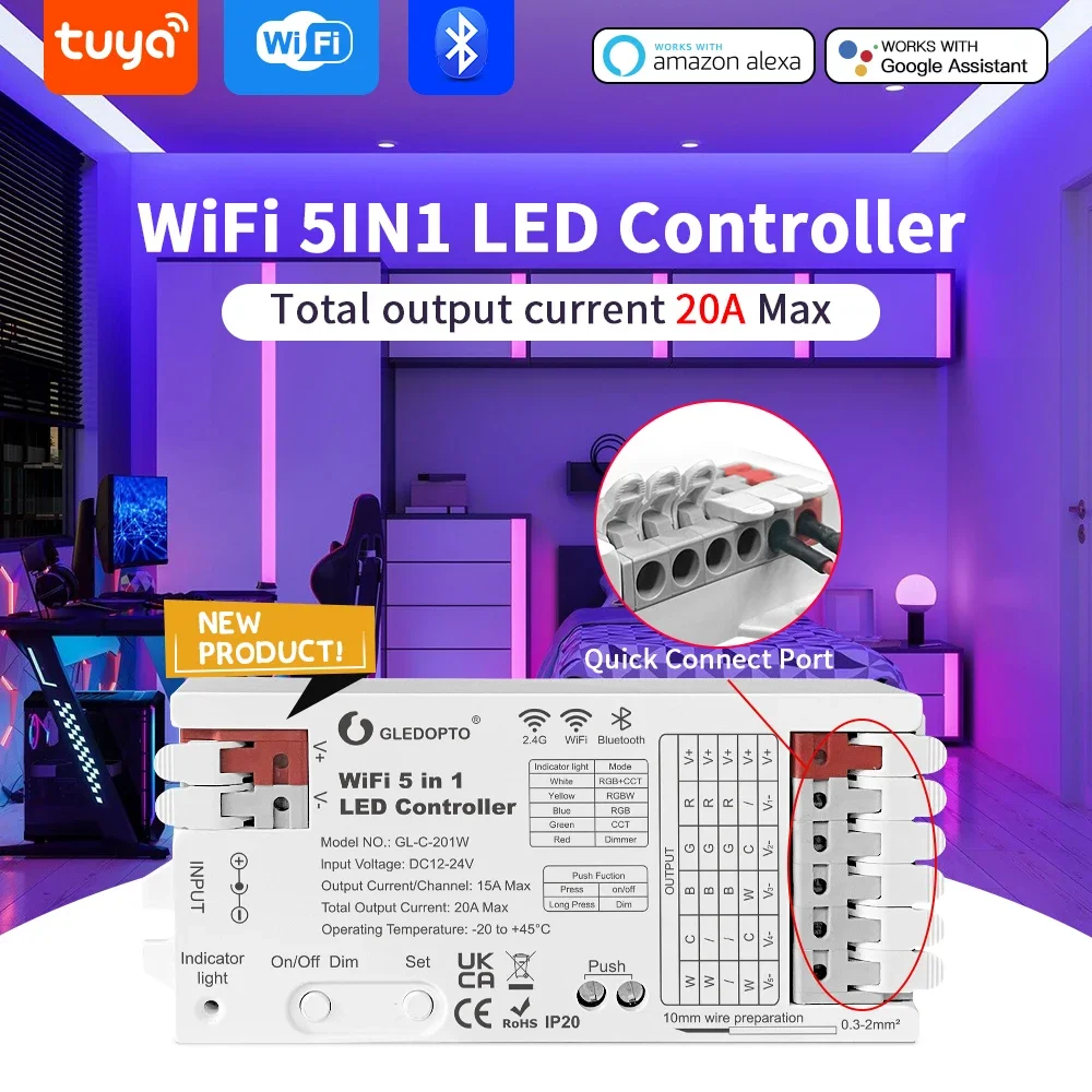 

GLEDOPTO 12V 24V WiFi Bluetooth 5 in 1 LED Controller 20A RGBCCT RGBW RGB CCT WW CW Dimmer Work with Tuya Smart Life App Control