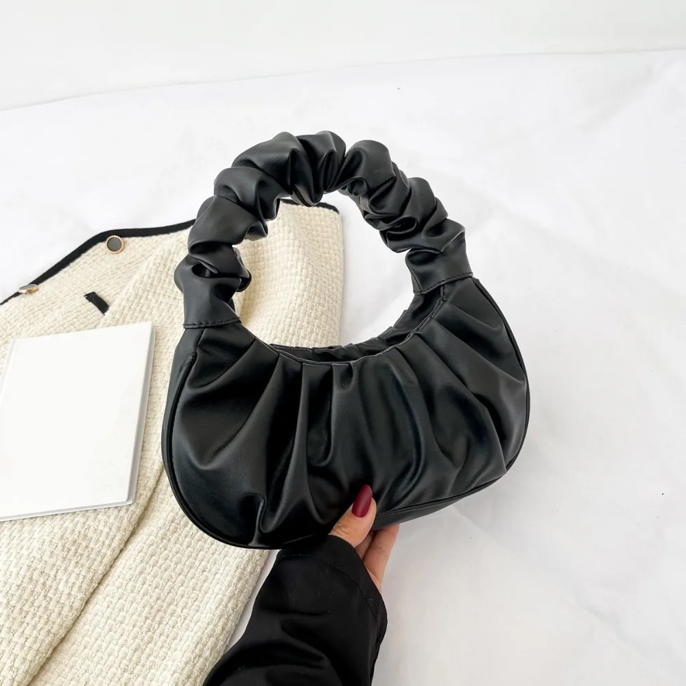 Fashion Korean Style Pleated Handbag Square Crescent Moon Cloud Bag Dumpling Bag Single Shoulder PU Leather Underarm Bag Ladies