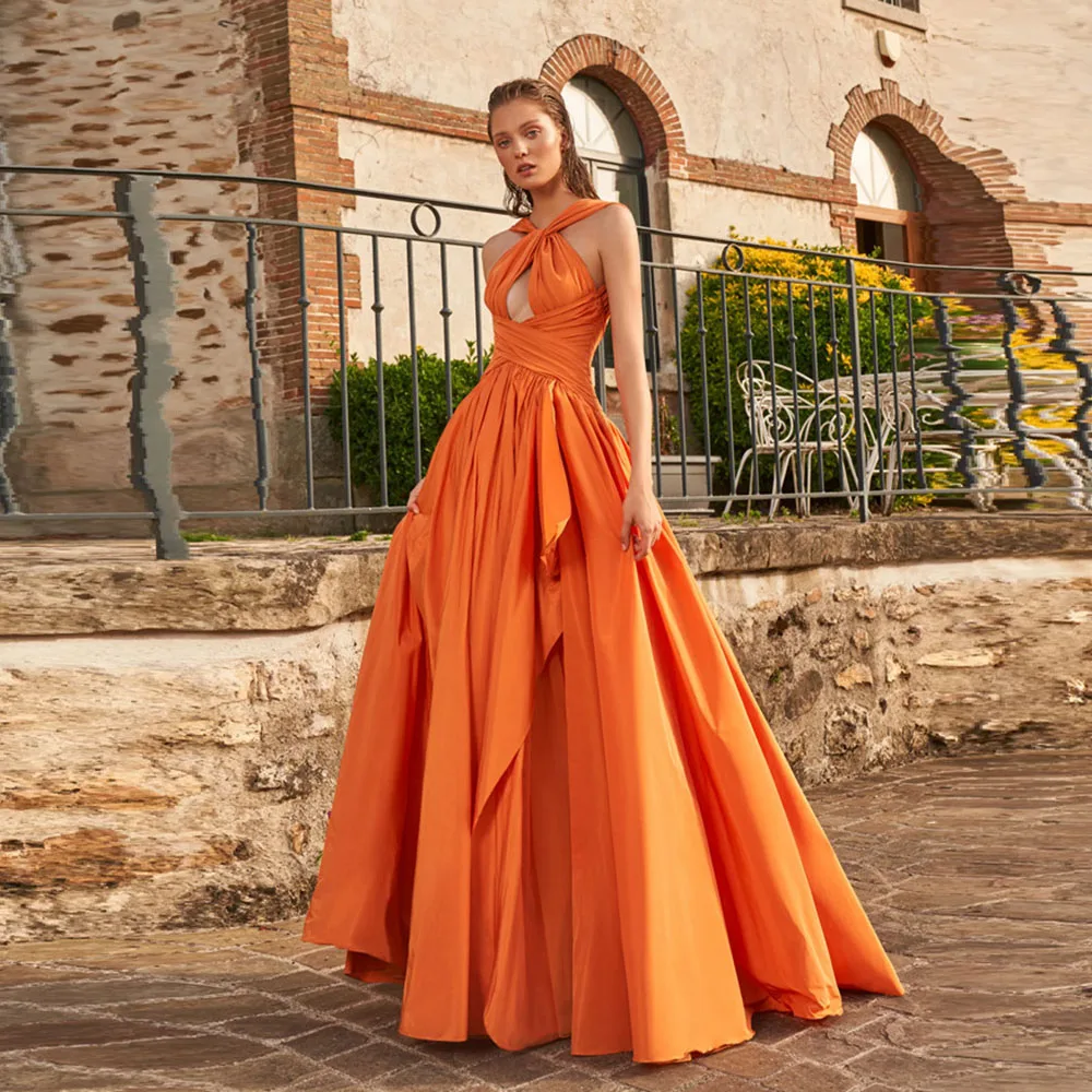 SoDigne-Vestido largo de fiesta sin mangas para mujer embarazada, vestido Formal elegante de noche con cuello Halter, plisado, línea A, color naranja