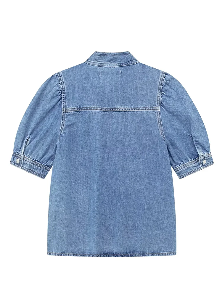 TRAF 2023 Summer New Women Denim Shirt Bow Knot Half Puff Sleeve T-Shirt and Retro Skirt Cape Skirt Street Fashion Suit