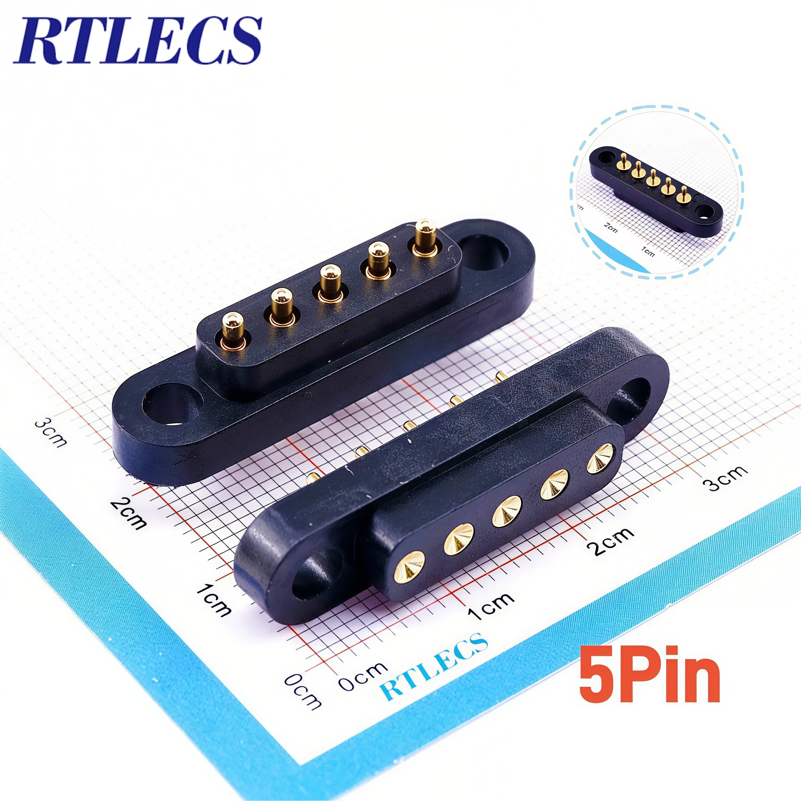1/3/5 Paar PogoPin-Stecker, 3 A, männlich, weiblich, 4,0 mm Rastermaß, federbelastet, 2, 3, 4, 5-polig, DIP, Durchgangsloch, PCB-Montage, Ohr, vergoldet – Detail 9