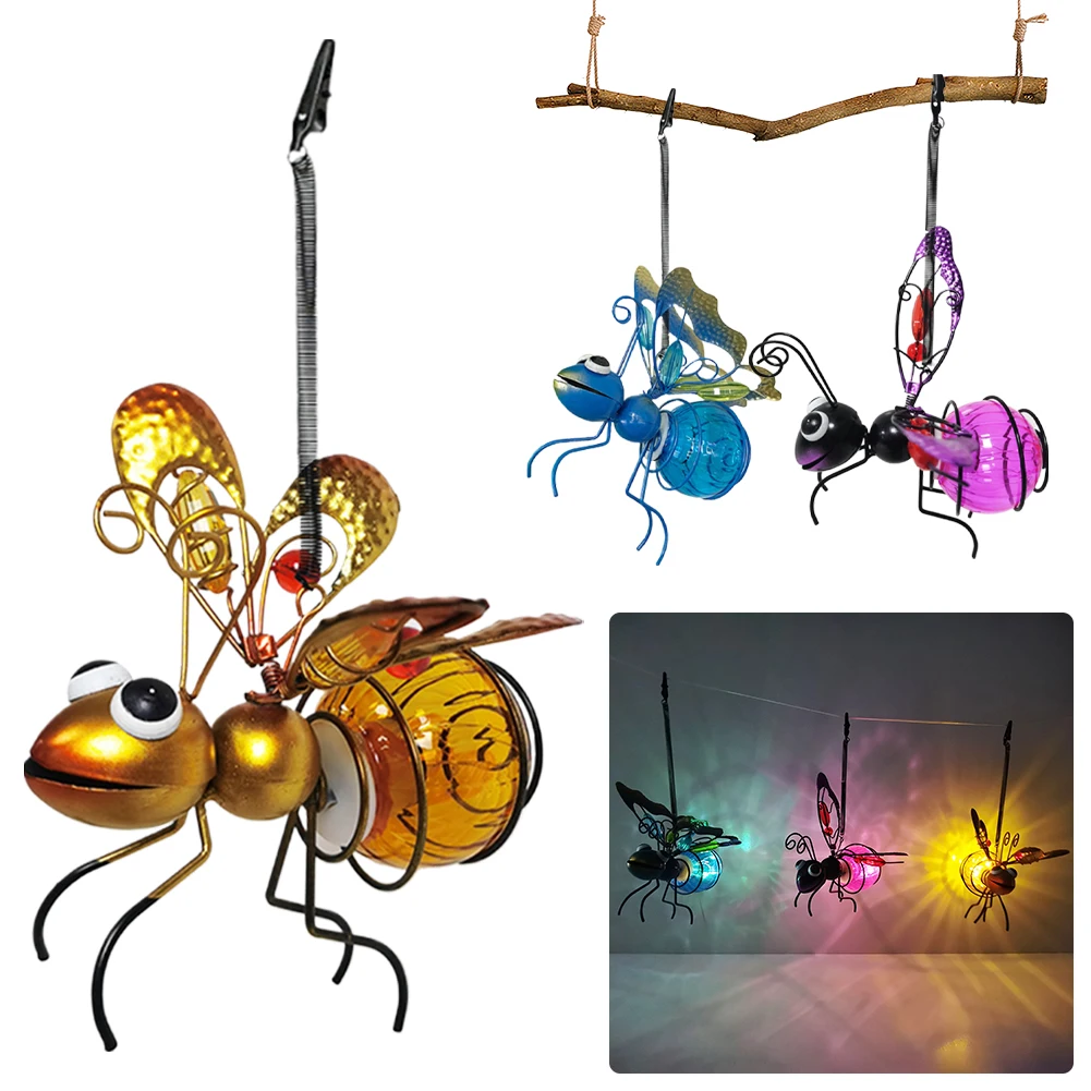 

Solar Hanging Bee Light with Bouncy Springs Solar-Powered Metal LED Outside Bugs for Outside Garden Decor Backyard Balcony Porch