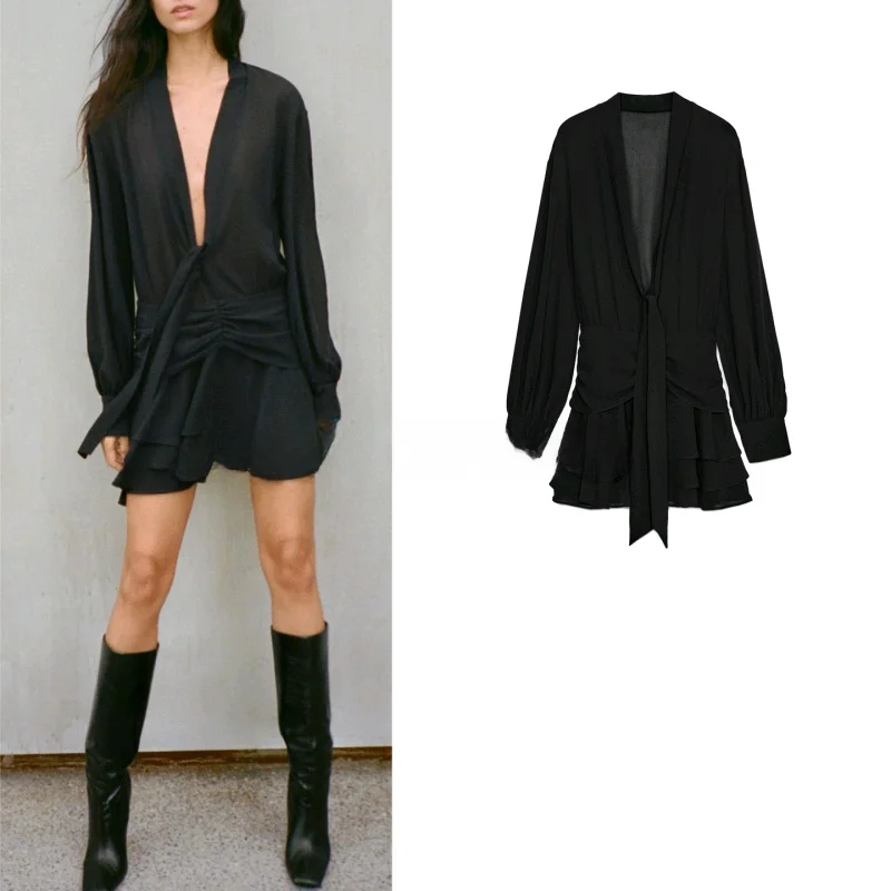 

Сексуальное платье с v-образным вырезом Long Sve ort Dr, женская мода, осень-зима, Новое поступление, многослойное украшение трапециевидной формы Dr Ci Commute