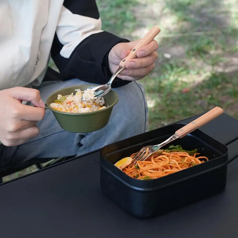 ملعقة شوكة من الفولاذ المقاوم للصدأ بمقبض طويل، مجموعة أدوات مائدة محمولة قابلة للطي من الفولاذ المقاوم للصدأ مع خشبية للمشي لمسافات طويلة في الهواء الطلق #1