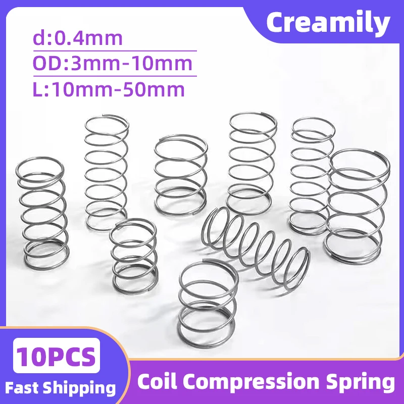 Creamily 10PCS Cylidrical Coil Compression Spring Wire Diameter 0.4mm Micro Small Return Pressure Springs OD=3-10mm L=10-50mm