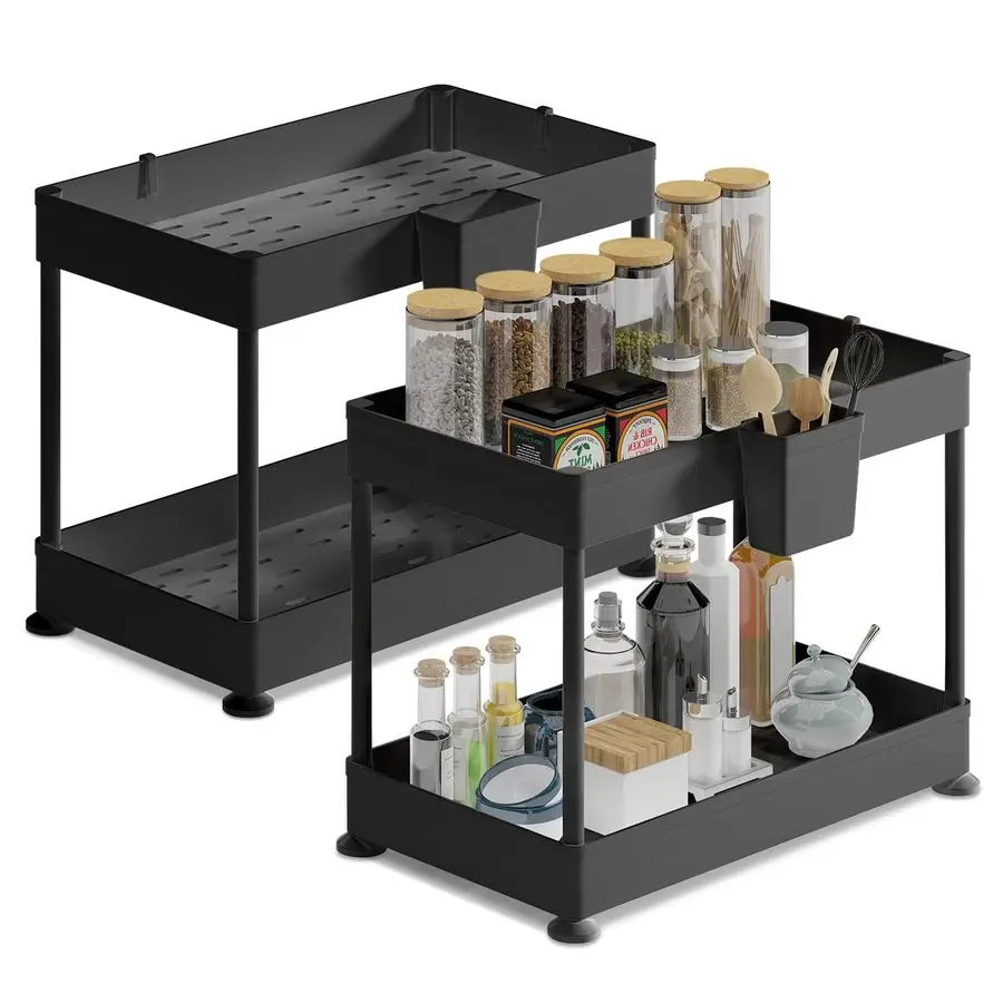 

Sink Organizers and Storage Bathroom Cabinet Organizer, Sink Shelf with Utility Hooks and Side Caddy for Under Cabinet Storage