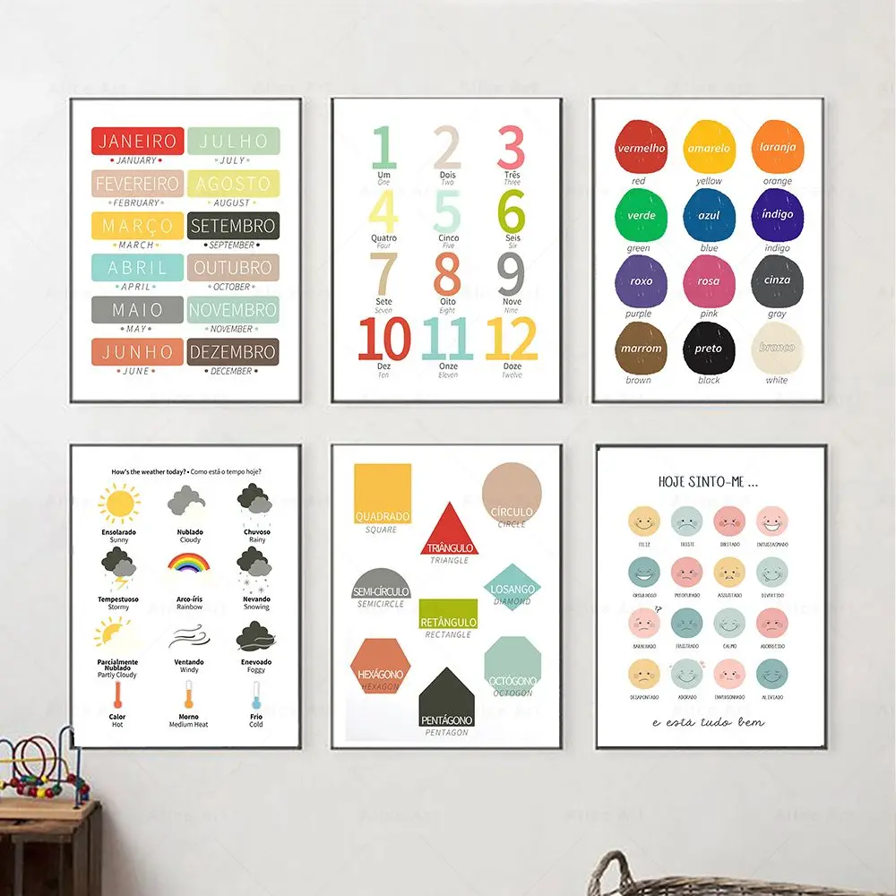 Alphabet Number Portuguese Emotional Educational Poster Affirmations Wall Art Prints Pictures Kids Playroom Children Room Decor
