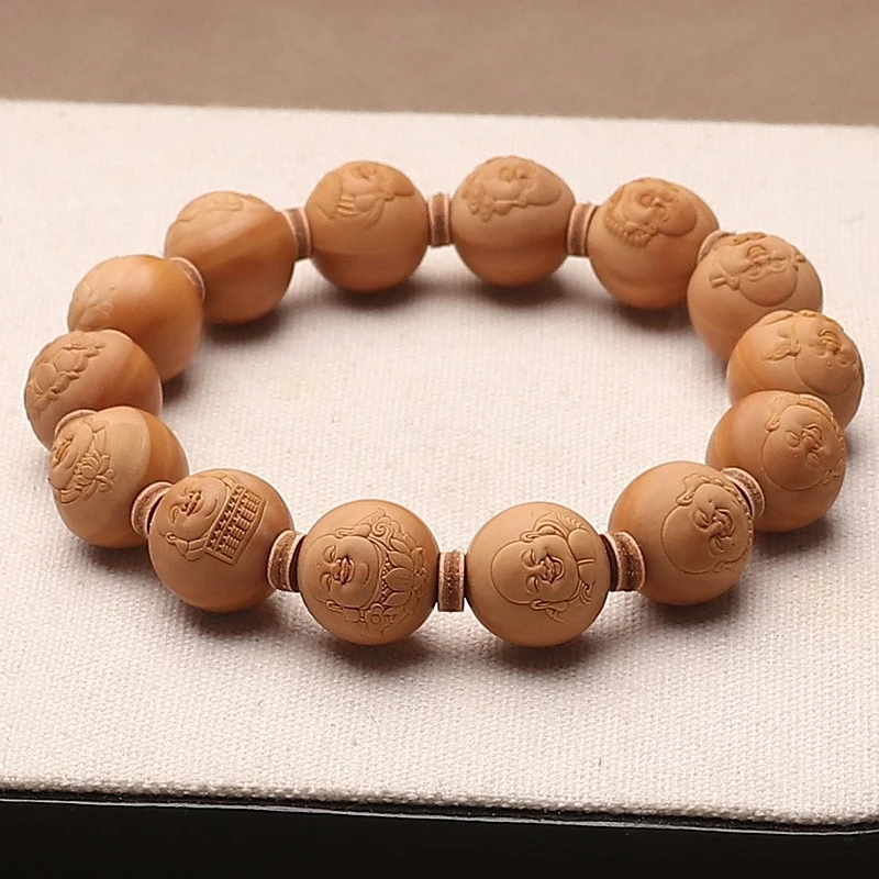 Houhou Walnut Single-Loop Bracelet With Embossed Maitreya Buddha,, And Perfectly Round Beads