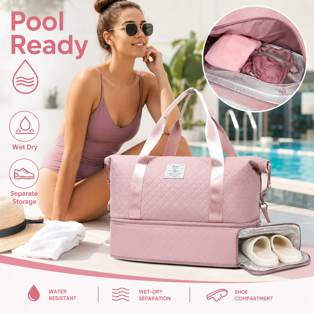 Women Swim Bag Wet Dry Separation Duffel Handbag With Shoe Compartment Expandable Sports Tote For Pool Beach Travel