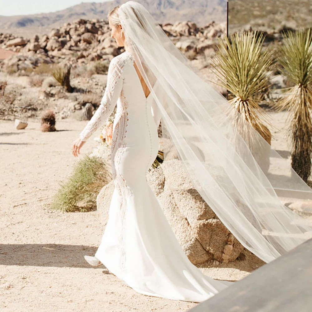 Robe de mariée en Satin avec découpe en dentelle, robe de mariée rustique, sur mesure, à manches longues, dos nu, avec des Appliques au cou de Bateau