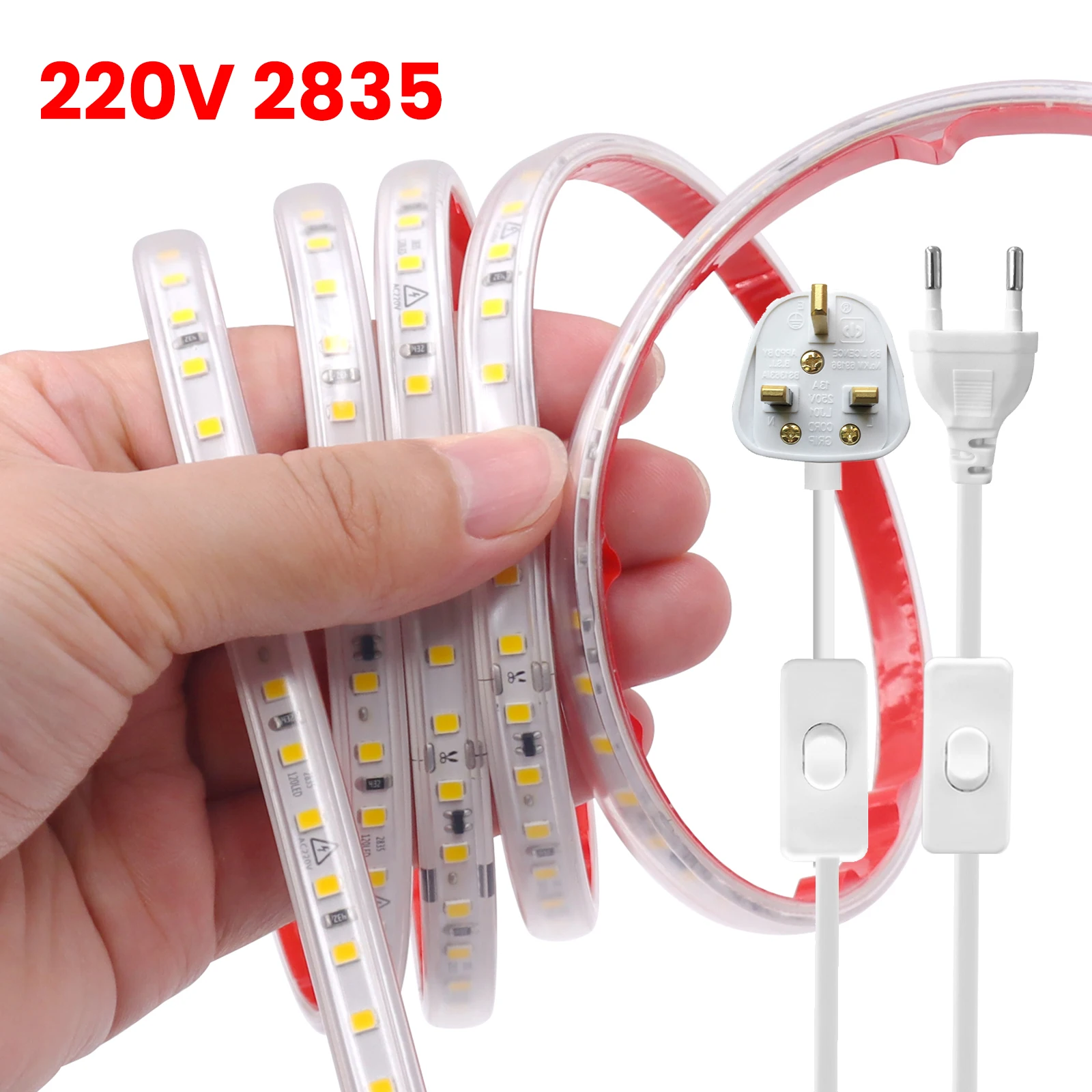 

Самоклеящаяся светодиодная лента 220 В SMD 2835 120 светодиодов/м Водонепроницаемая светодиодная лента с переключателем и вилкой 10 см, можно разрезать, теплый натуральный белый свет