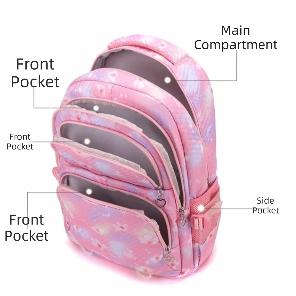 Cute Flower Printed Children Backpack Multiple Pockets Nylon Shoulders Bag Large Capacity Harajuku Student School Bag Unisex