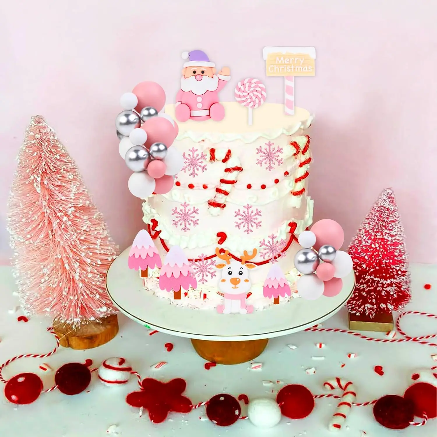 Alat peraga kue Natal Selamat Natal lolipop rusa Sinterklas dekorasi bola Natal perak putih merah muda perlengkapan pesta liburan musim dingin
