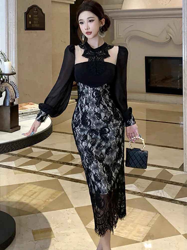 

2025 Black Patchwork Lace Jacquard Midi Dress Women Long Sleeve Hollow Out Sexy Club Dress Autumn Winter Elegant Bodycon Dresses