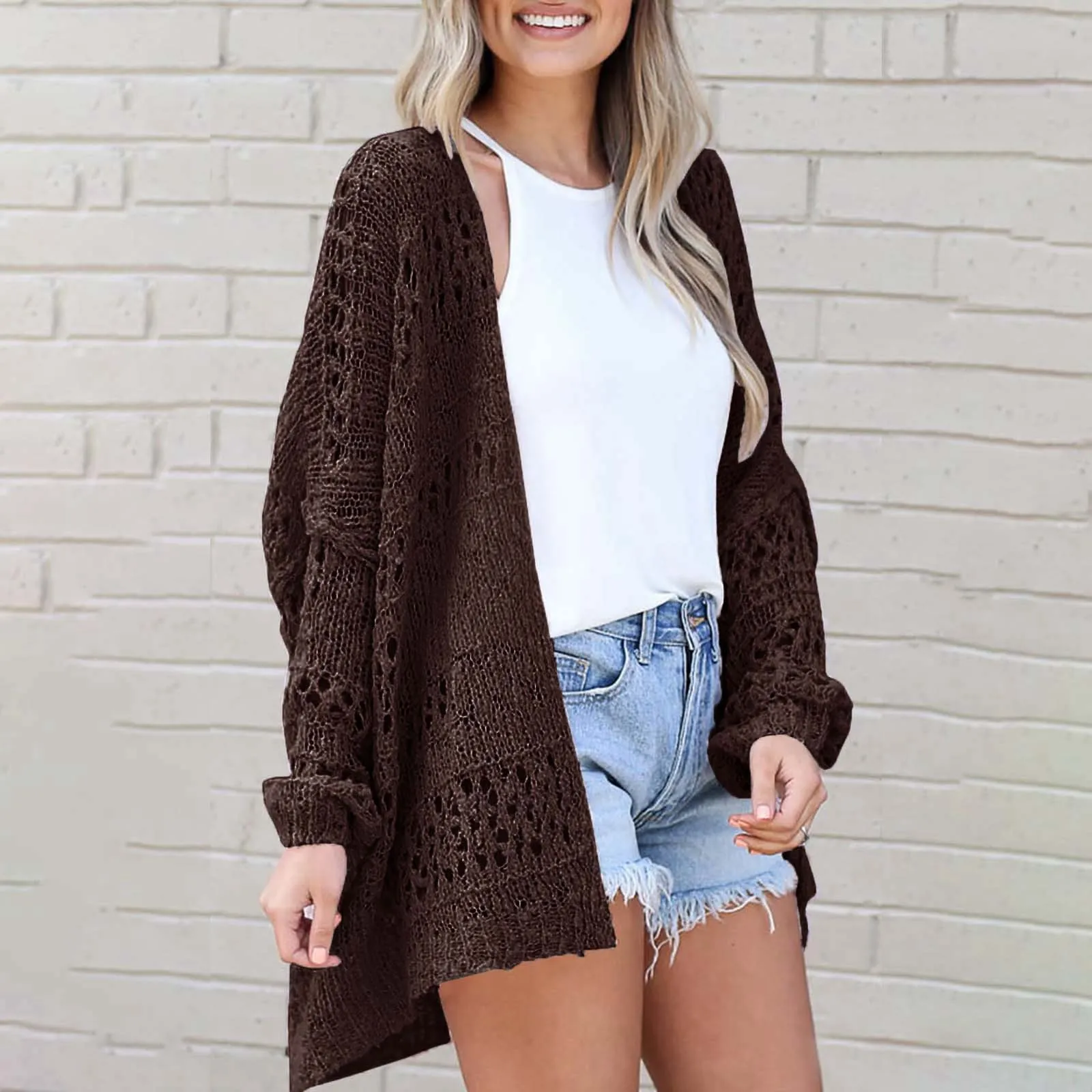 2024 Women Summer Autumn Crochet Cardigan Sweater Long Sleeve Solid Color Hollow Out  Boho Oversized Open Front Fashion Outwear