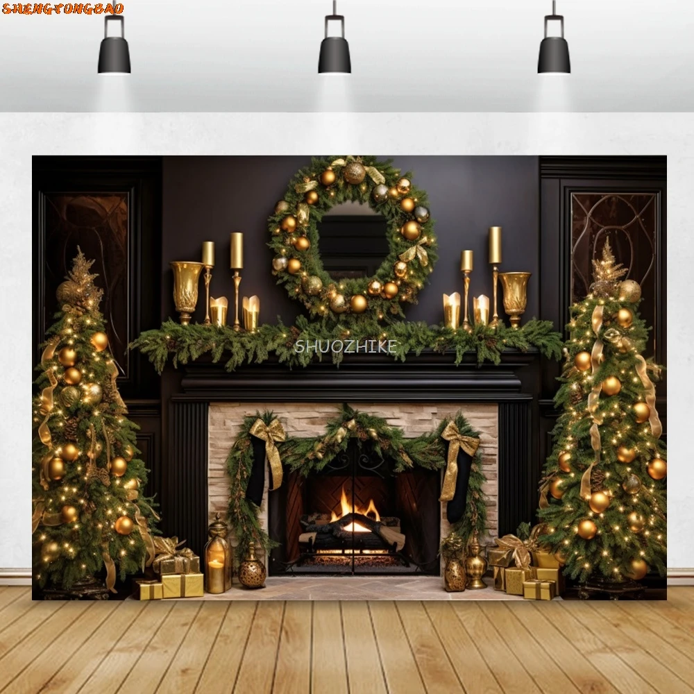 เตาผิงคริสต์มาสธีมฉากหลังสําหรับถ่ายภาพXmas Treeของขวัญของเล่นเด็กPortrait Room DecorเทศกาลPartyภาพพื้นหลัง
