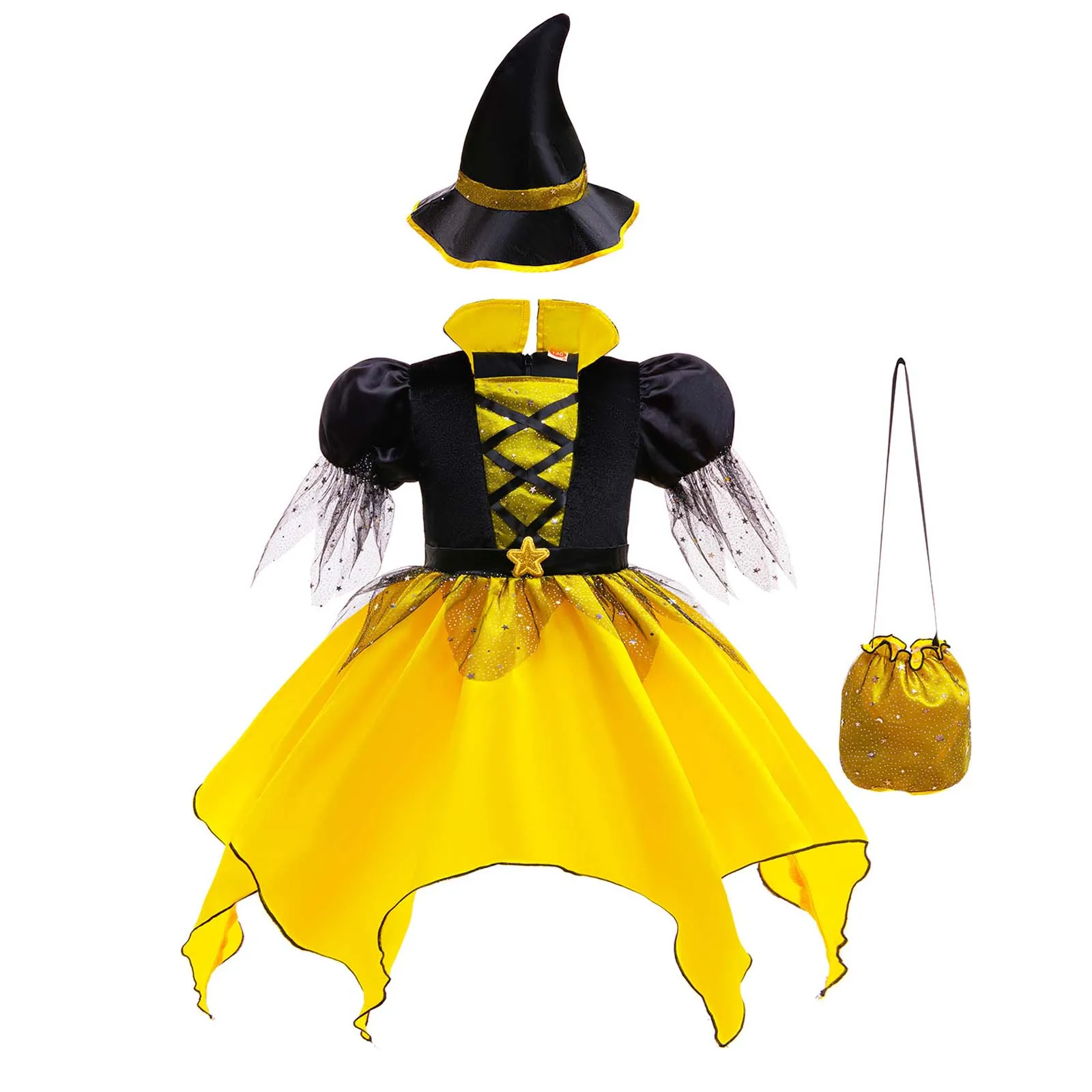 

Halloween Witch Vampire Devil Cosplay Costume Witch Jagged Hem Ruffle Dress with Matched Witch Hat And Bag Outfits