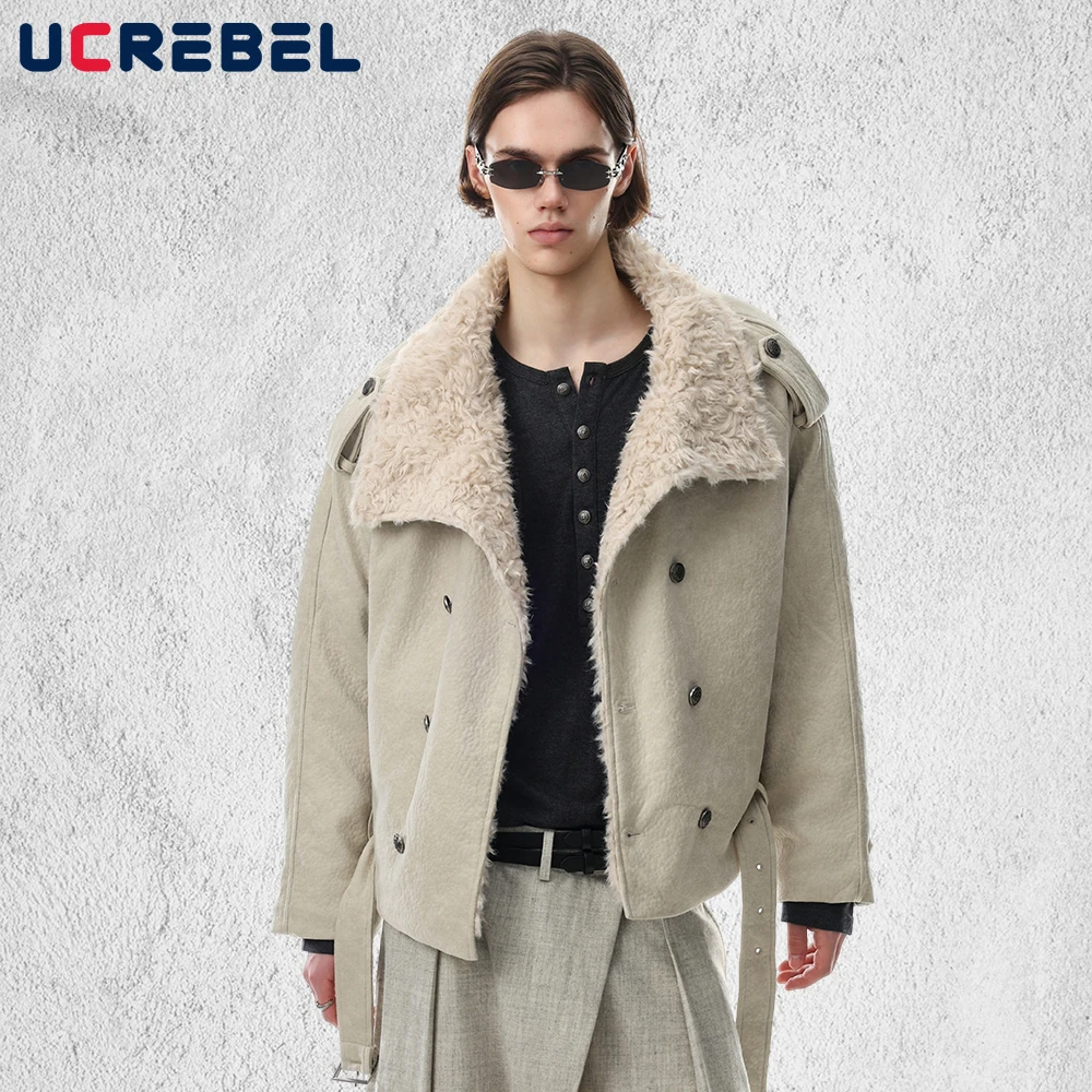 Double Breasted Quilted Jacket Mens with Belt Winter Long Sleeve Stand Collar Outerwear Man