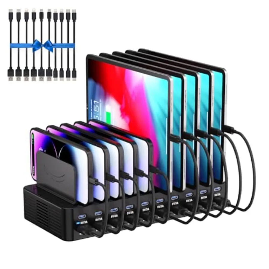 

Зарядная станция на 270 Вт для нескольких устройств, 20-портовая USB-станция быстрой зарядки с регулируемыми разделителями, 10 кабелей для нескольких устройств
