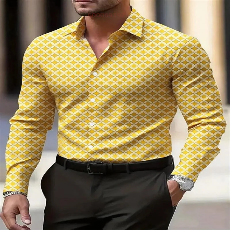 قميص منقوش بأكمام طويلة غير رسمي على الموضة للرجال يسمح بمرور الهواء 11 لونًا قميص عمل غير رسمي طية صدر السترة قميص بأكمام طويلة #4