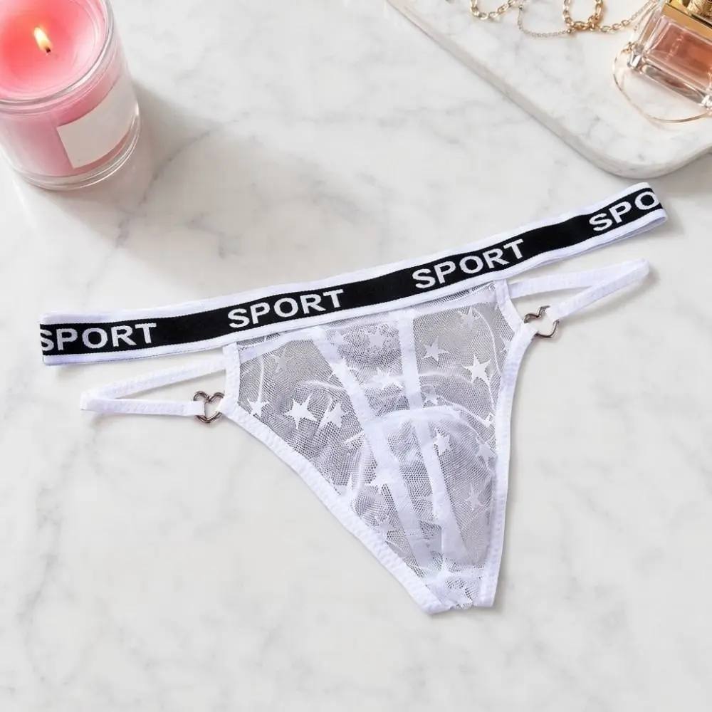 Low Waist Men's Mesh Hollow Thong English Letter Star Hollow Out Mesh Sheer Panties Underwear Transparent T-back Briefs Men