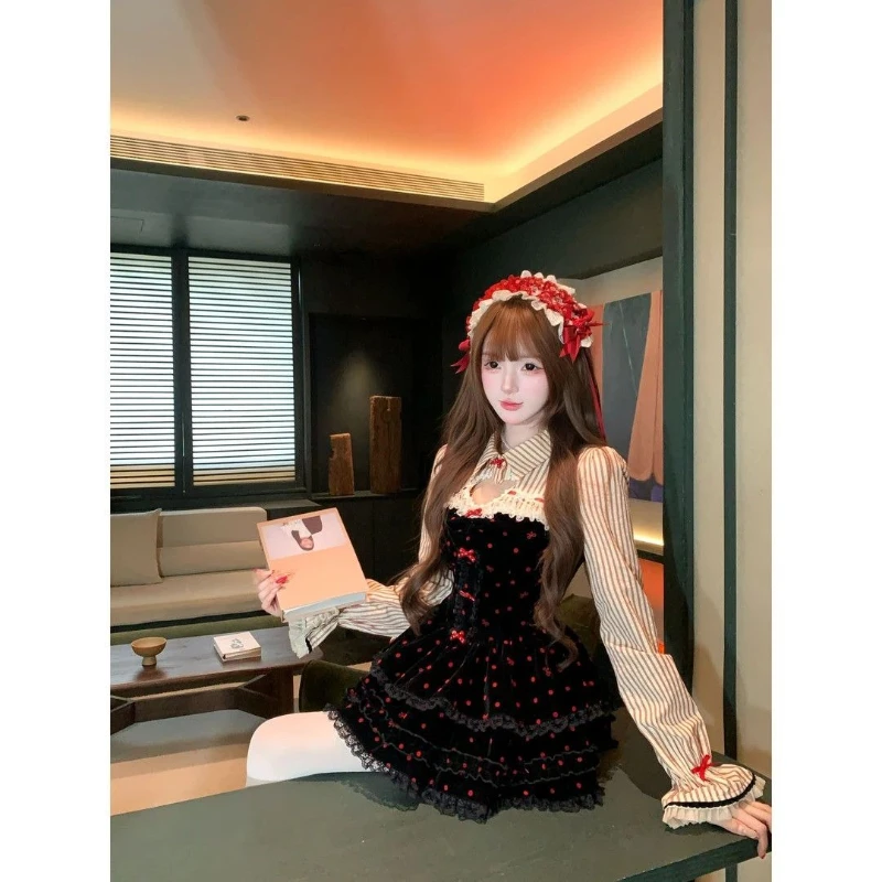 

Autumn Winter Sweet Princess Dress Fashionable Polka Dot Lace Heart-shaped Lapel Fake Two Puffy Short Skirts Women's Daily Wear