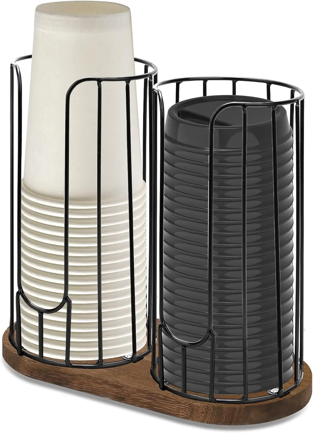 

2-Compartment 18oz Coffee Cup Dispenser Rack with Wood Base, Disposable Cup, and Lid Organizer for