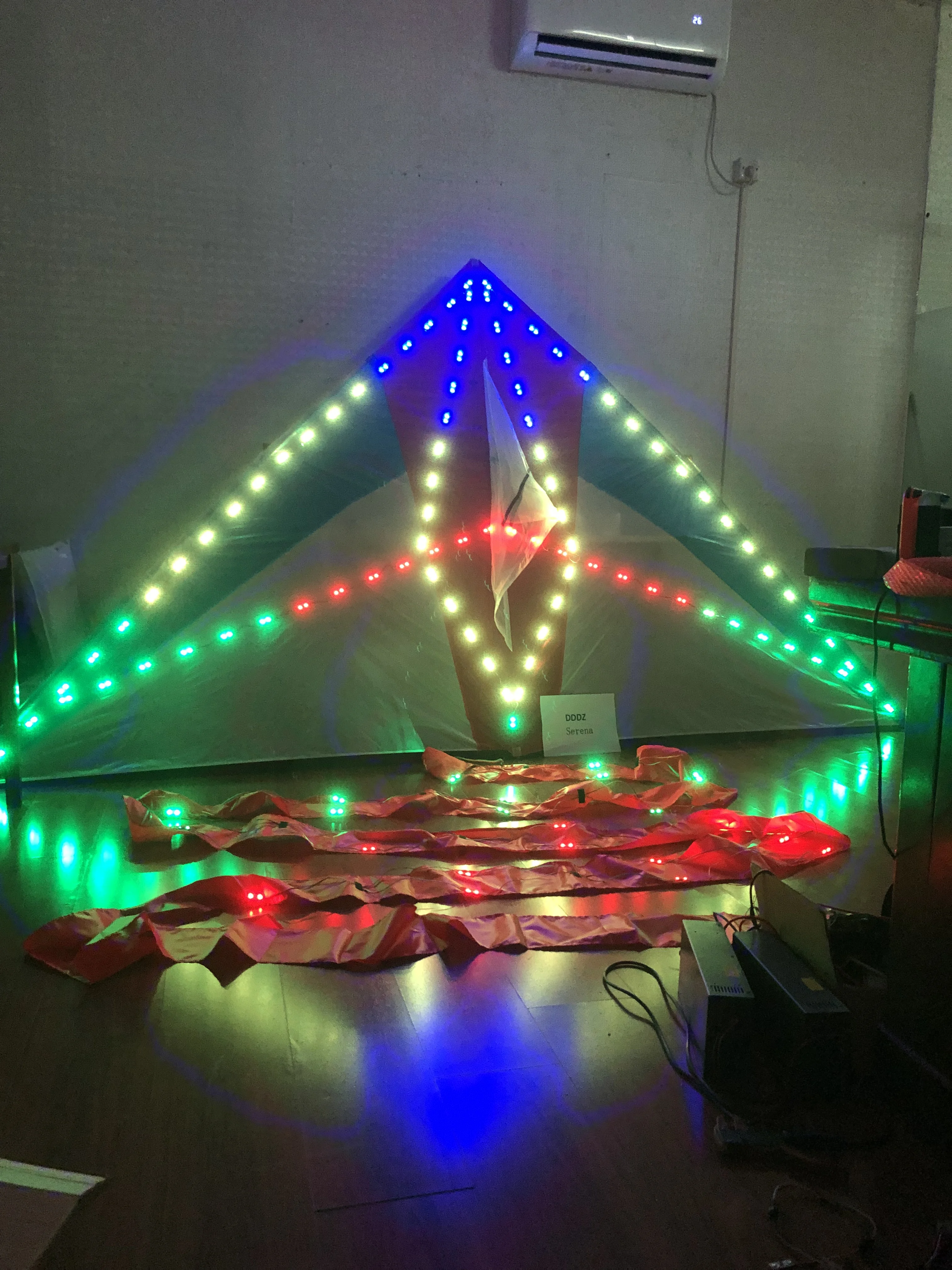 Delta diamond night kite 3 SQM Big LED military 544 Ripstop fabric triangle kite with lights and tubing tails flying at night