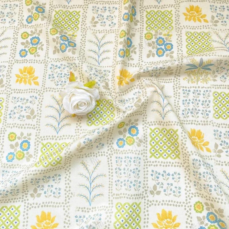 L100XW150CM 100% Cotton Printed Fabric Green Plaid Tiny Floral Soft Breathable Lightweight for Dress Shirt Skirt DIY Sewing