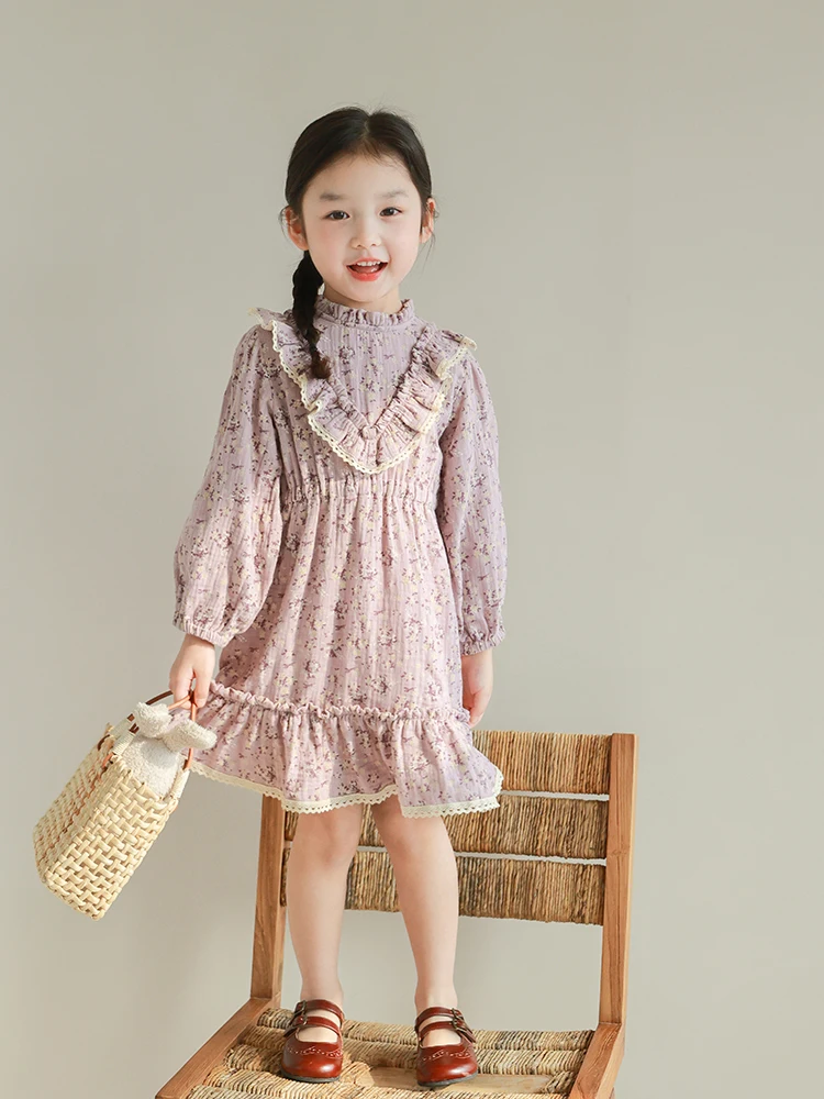 2024 Long Sleeves Floral Girls Dress Elegant Lace Girl Autumn Dresses V-Shaped Design Flowers Printed Children Party Vestidos