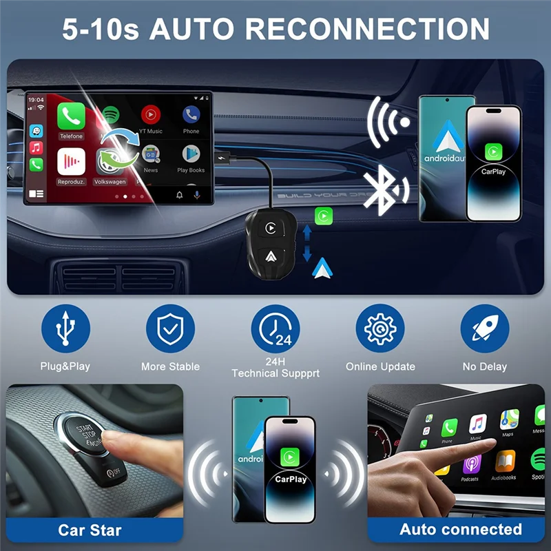 

A21F-Car Upgrade Wireless Carplay And Android Auto 2 In 1 Adapter Wifi Smart Dongle For Converting Factory Wired To Wireless