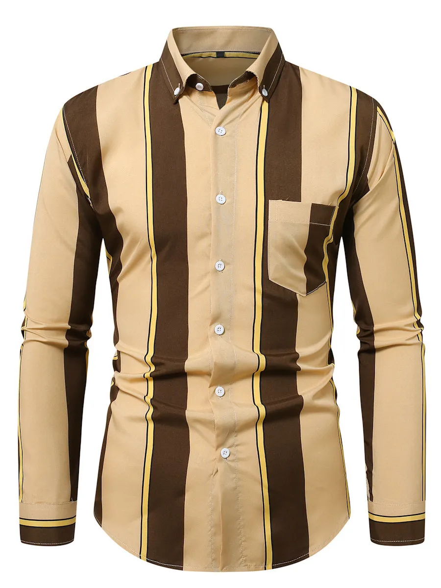 

Men's Casual Stripe Cotton irt Large Size Faion Urban Sle Long Sve Printed ket Button PU Leather Stand Fit